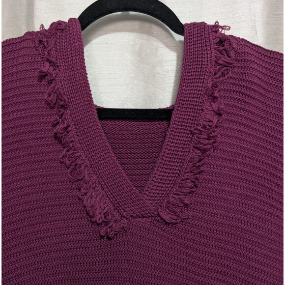 Hooded Pullover Ribbed Sweater Fringe Trimmed V-Neck Hoodie Cotton Blend Tunic - Picture 10 of 16
